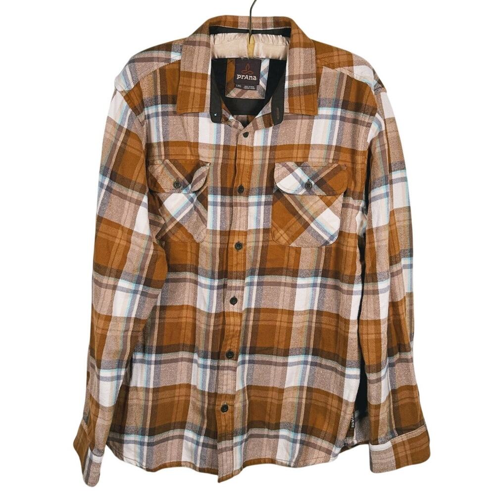 prAna Mens Woodman Plaid Flannel Shirt Size Large Brown Fall Outdoor Western